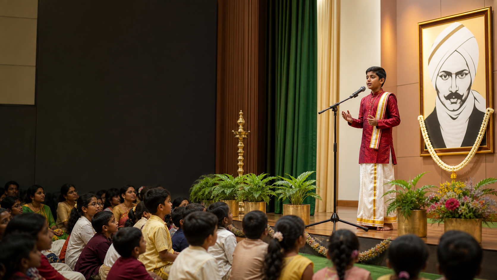 A student presenting at a Tamil literary competition